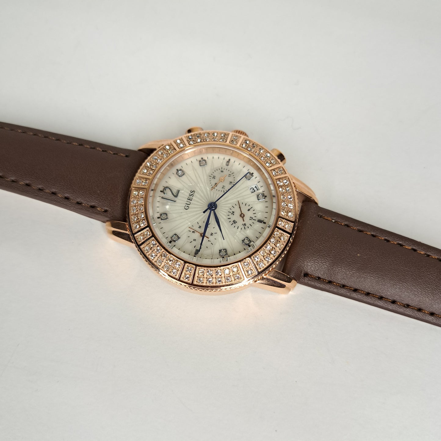 DIAMOND GUESS - Rose Gold - Brown Genuine Leather Strap