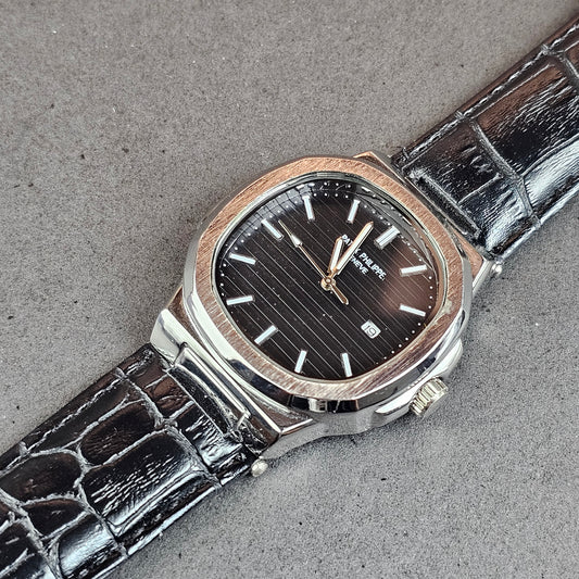 Patek Philippe - Silver - Black Leather Strap