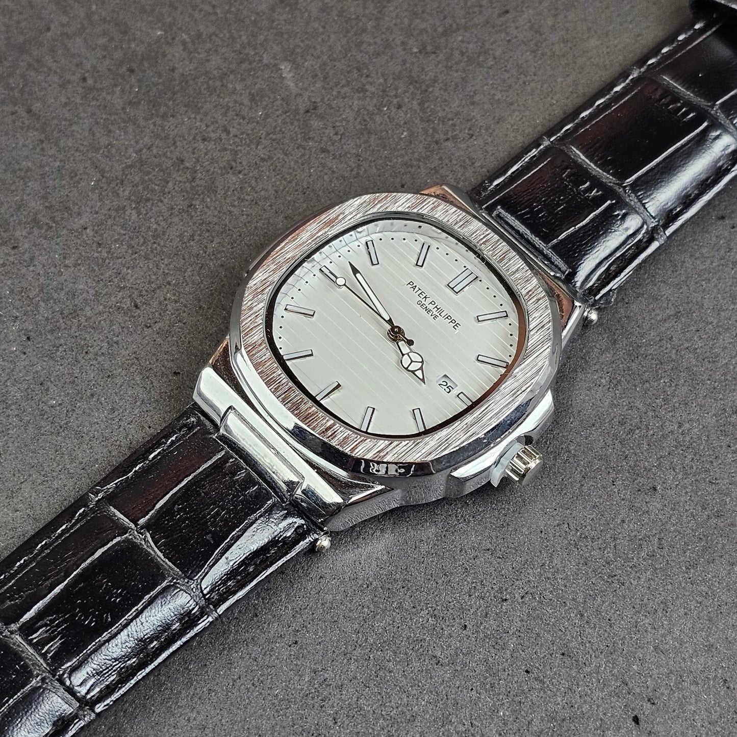 Patek Philippe - Silver - Black Leather Strap (White Dial)