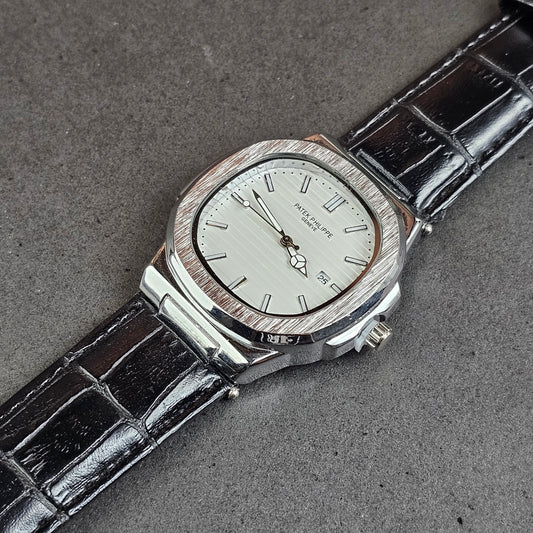 Patek Philippe - Silver - Black Leather Strap (White Dial)