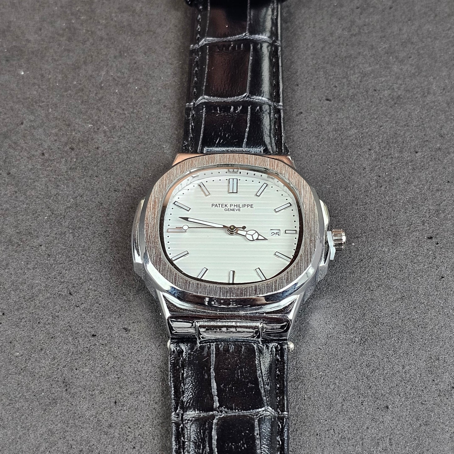 Patek Philippe - Silver - Black Leather Strap (White Dial)