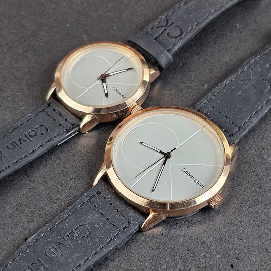 CK His & Her Combo - Gold (White Dial) - Black Strap