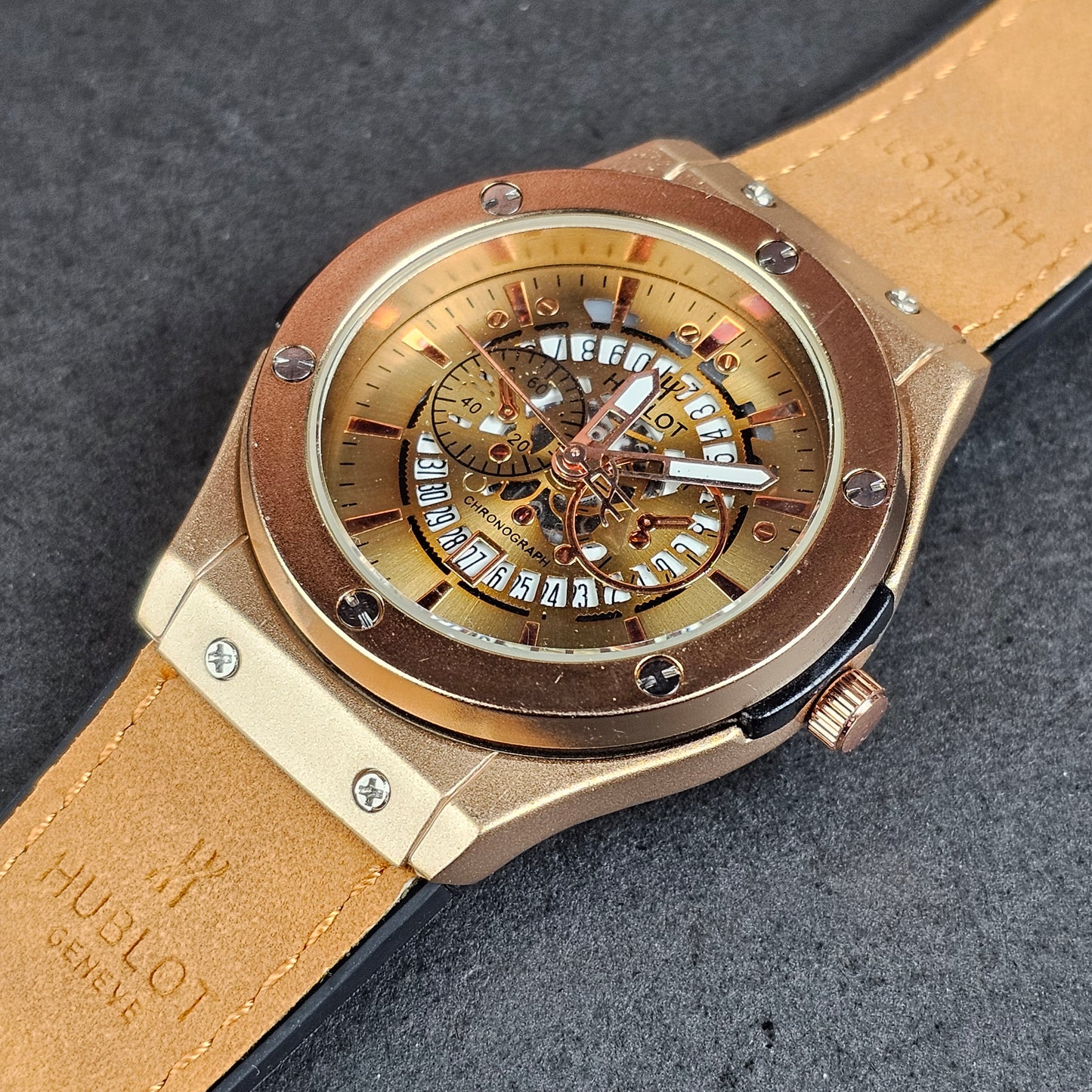 Hublot - Chronograph - Gold - Brown Faux Leather Strap