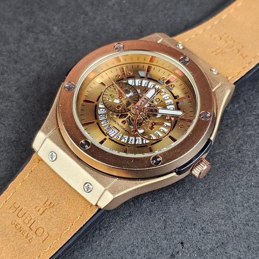 Hublot - Chronograph - Gold - Brown Faux Leather Strap