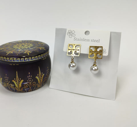 Golden Square Pearl Earrings - 180-020