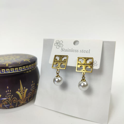 Golden Square Pearl Earrings - 180-020