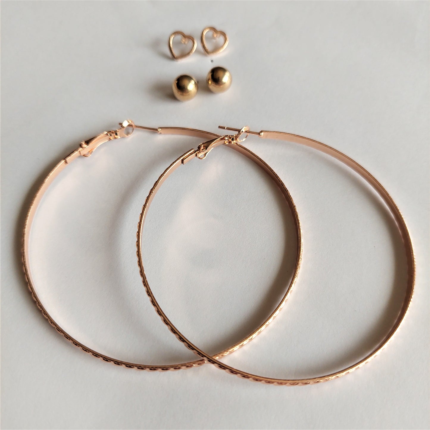 Big Hoops Earrings - Gold Studs - Heart Studs - Gold