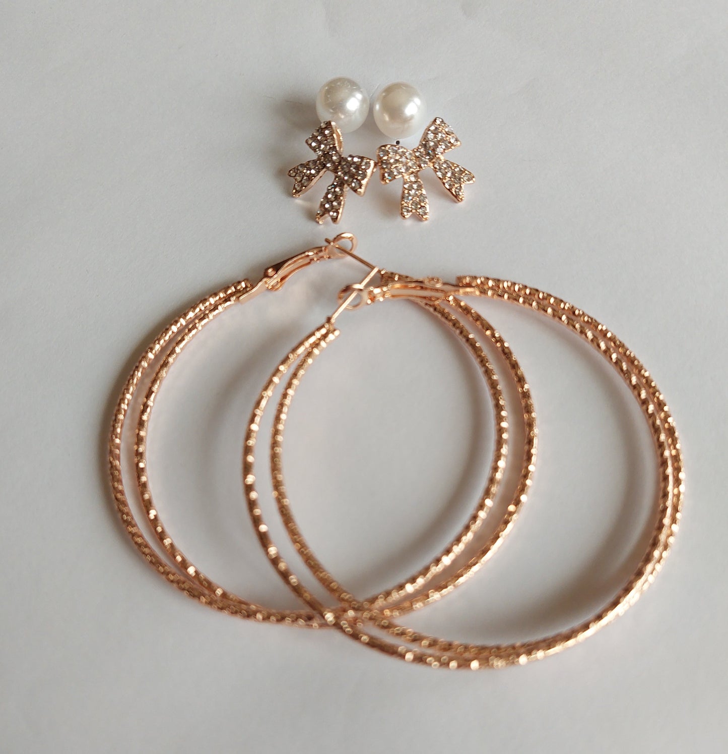 Double Hoops Earrings - Bow Studs - Pearl Studs - Gold