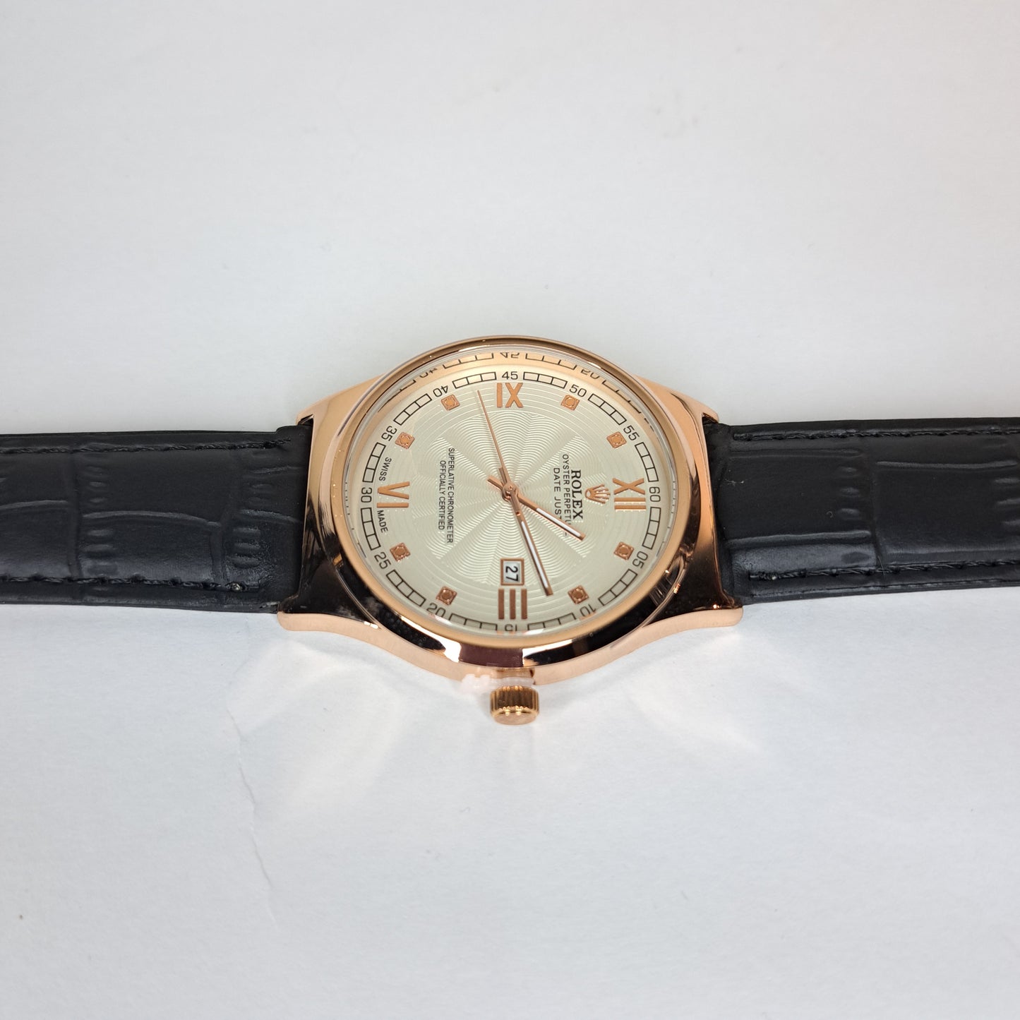 Rolex - Oyster - Gold - Black Faux Leather Strap (Ivory Dial)