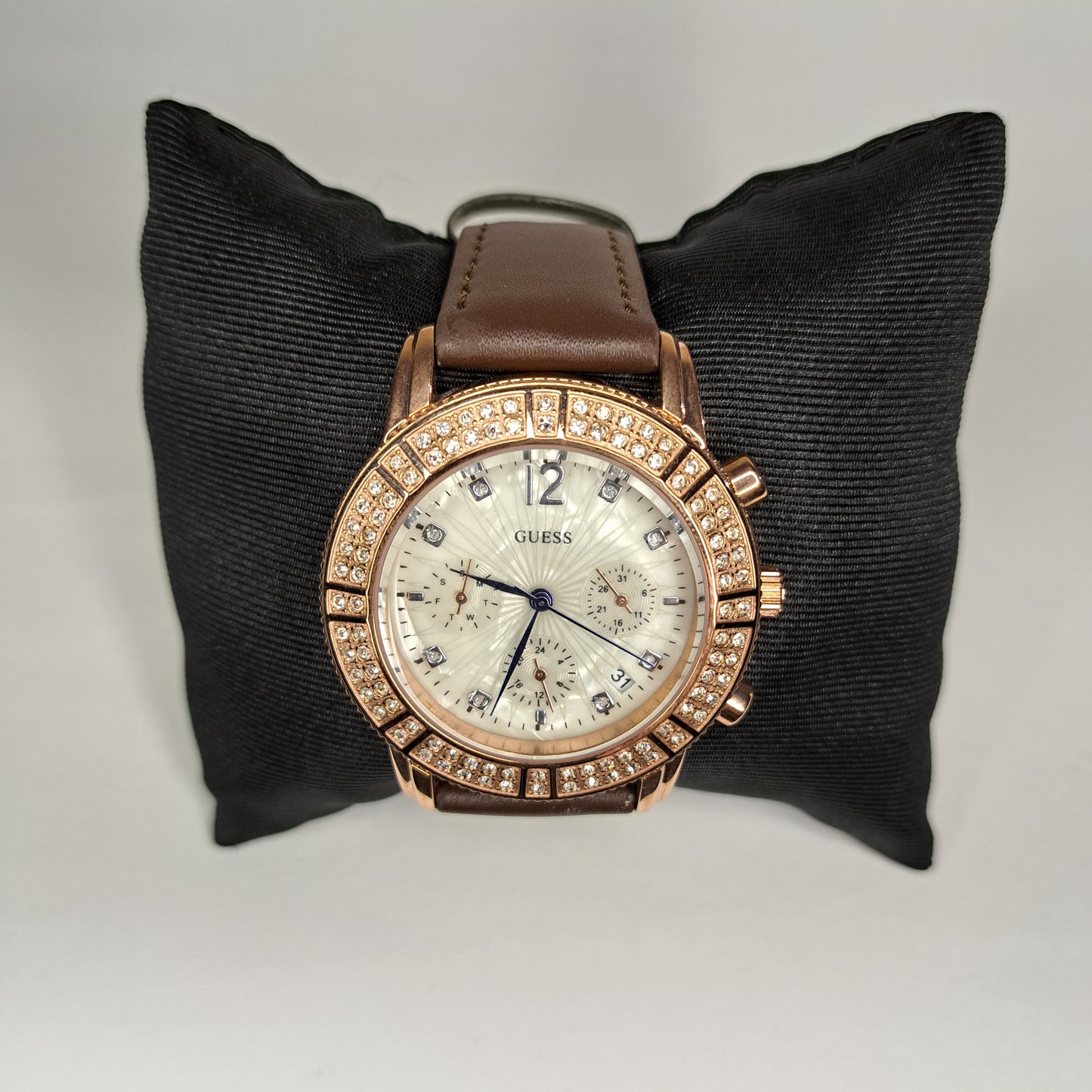 DIAMOND GUESS - Rose Gold - Brown Genuine Leather Strap
