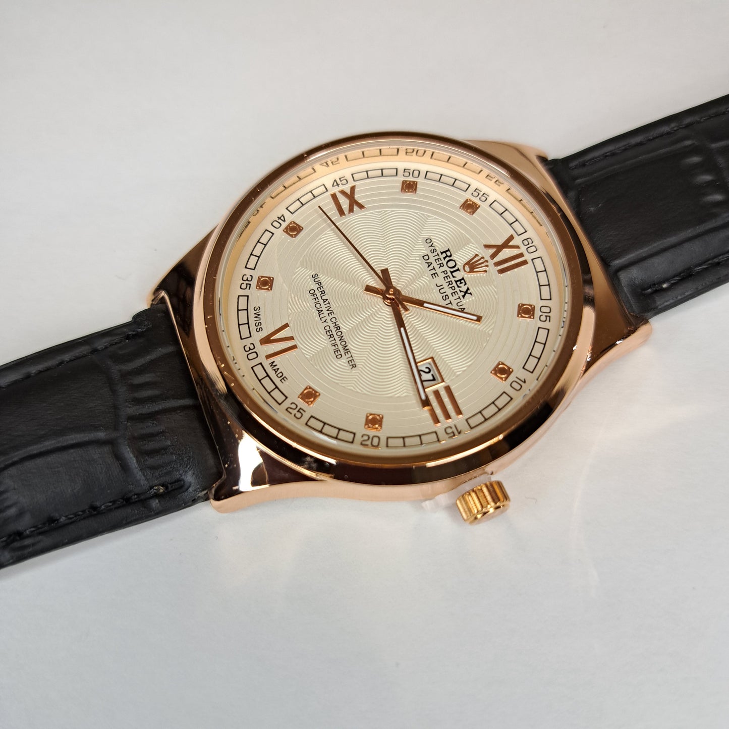 Rolex - Oyster - Gold - Black Faux Leather Strap (Ivory Dial)
