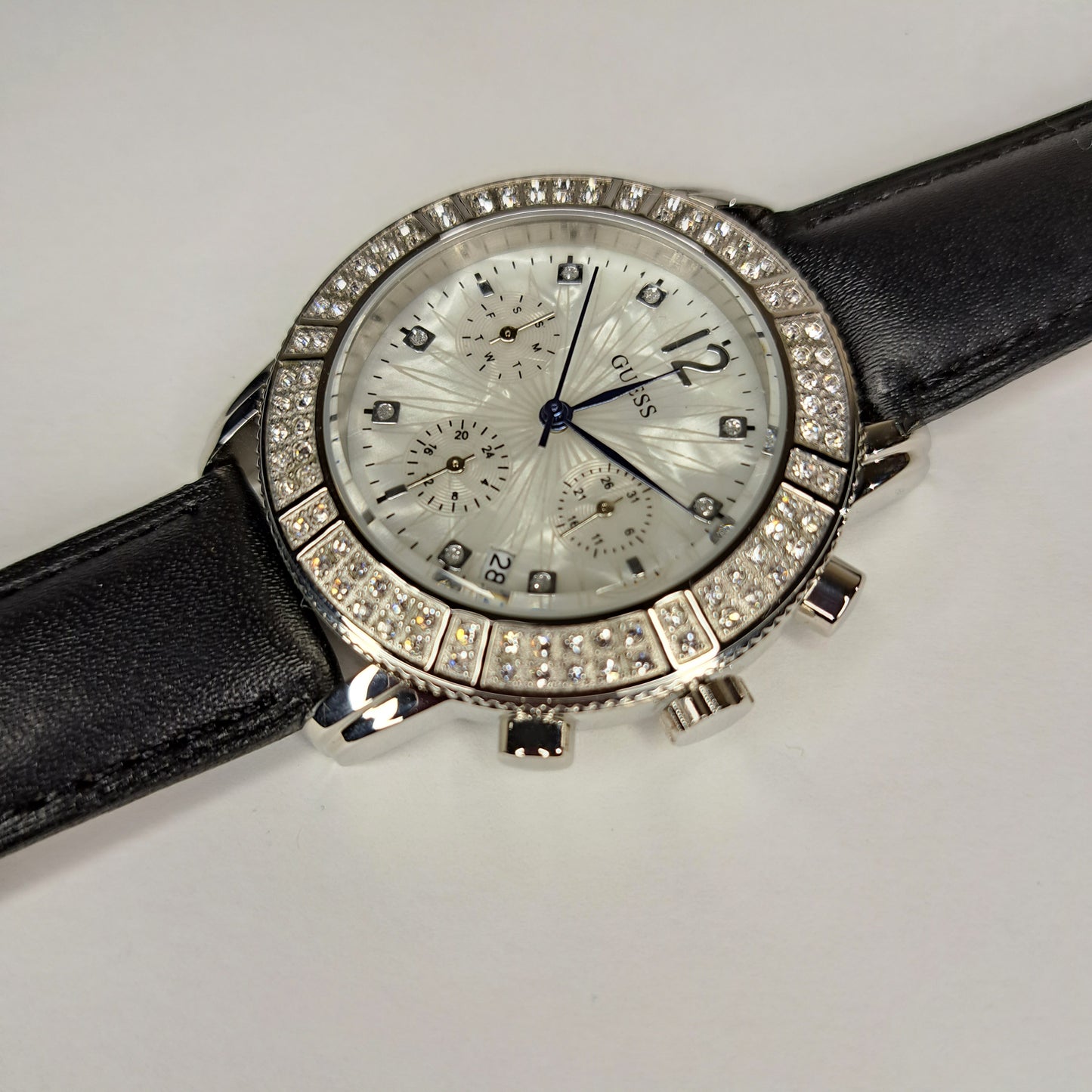 DIAMOND GUESS - Silver - Black Genuine Leather Strap