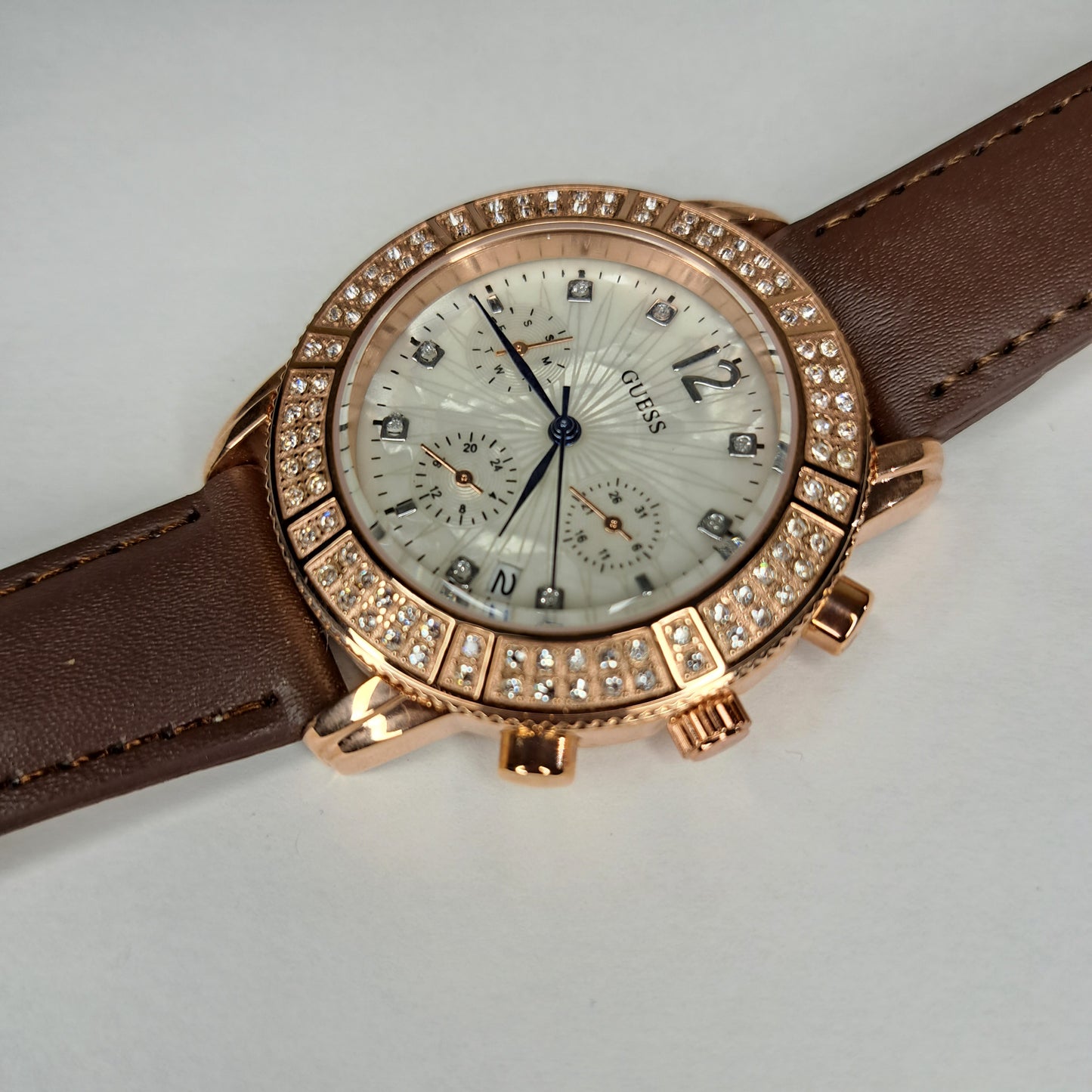 DIAMOND GUESS - Rose Gold - Brown Genuine Leather Strap