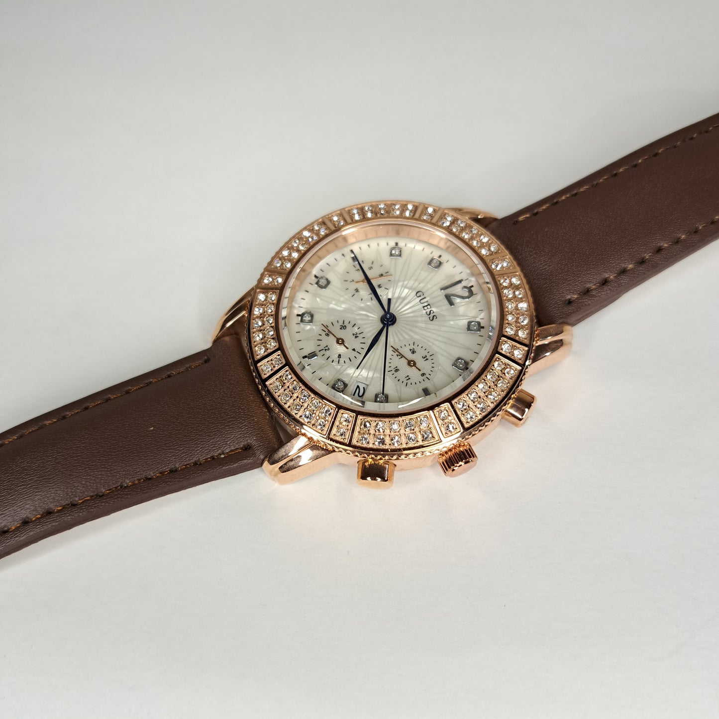 DIAMOND GUESS - Rose Gold - Brown Genuine Leather Strap