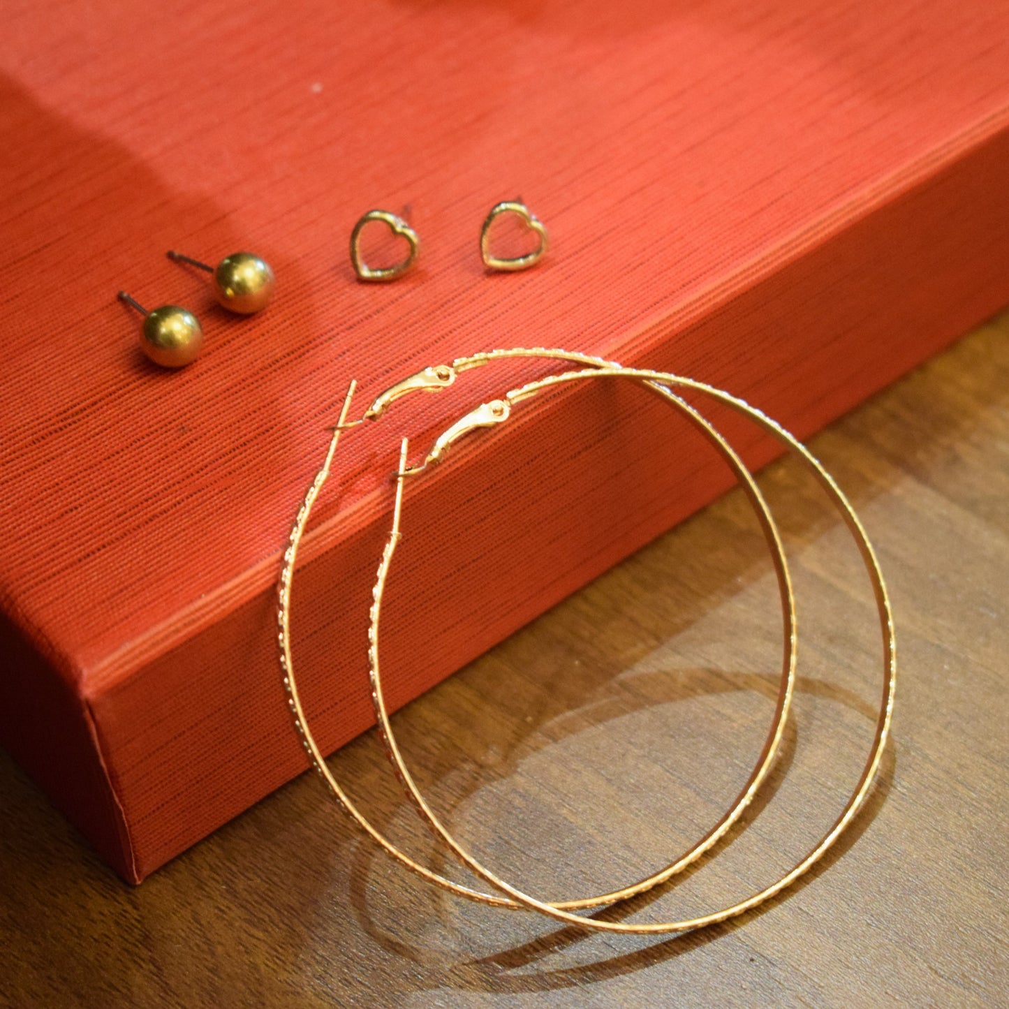 Big Hoops Earrings - Gold Studs - Heart Studs - Gold