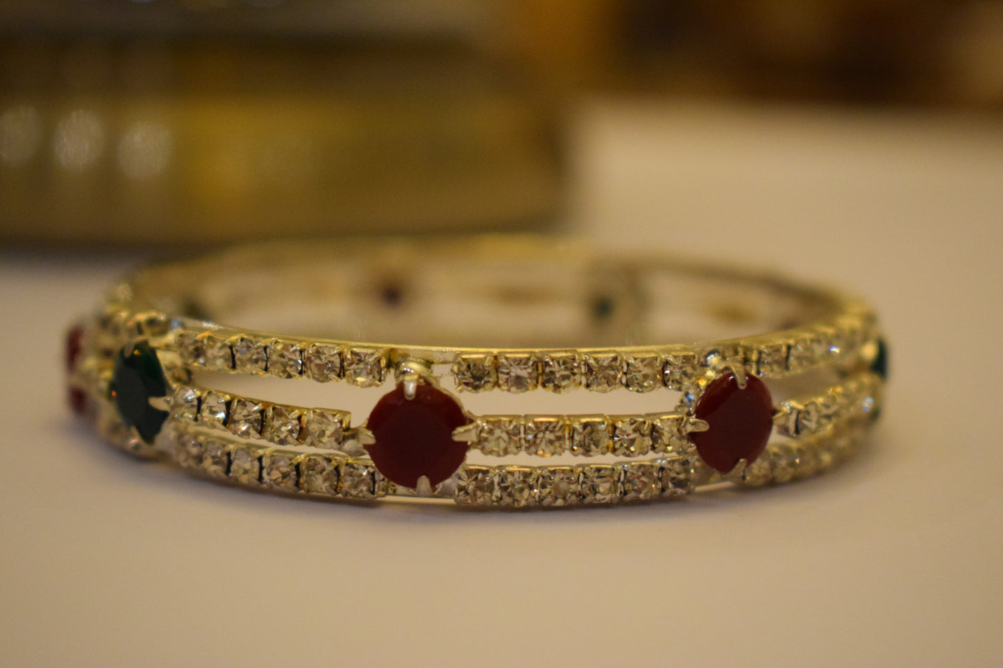 Thin Bangle with Stones and Diamonds - Silver - (Size 2.5)