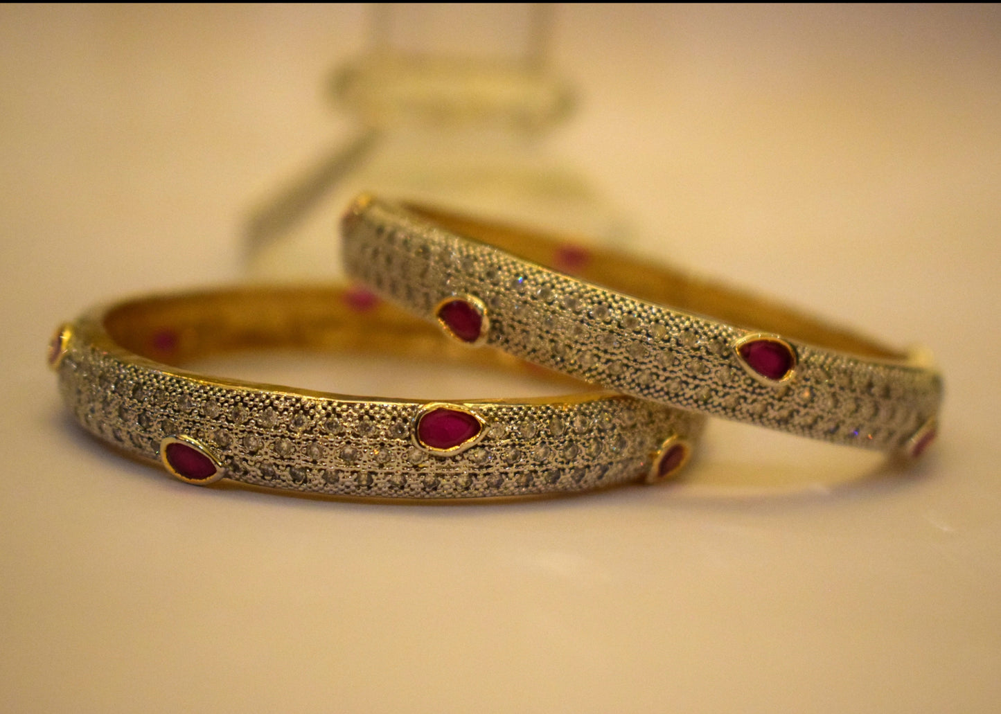 Diamond -Cut Bangles with Gems -  Silver/Gold - (Size 2.5)