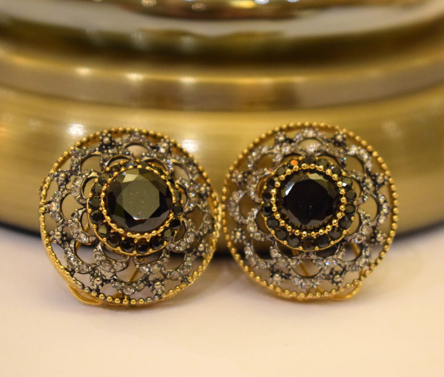 Dark Rhinestone with Rust Mesh Earrings – Gold Plated