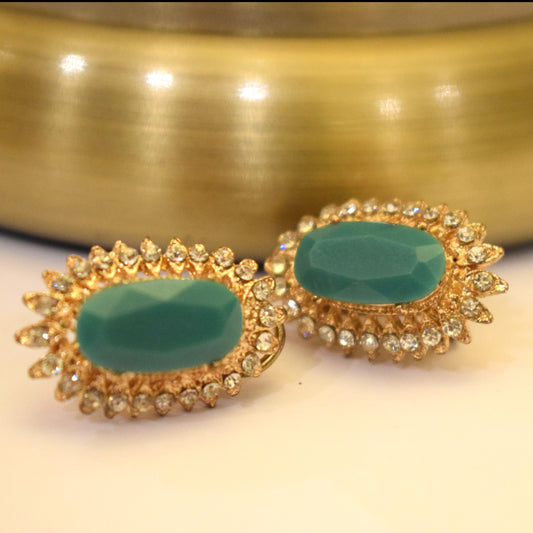 Sea Green Rhinestone Earrings (2) - Gold