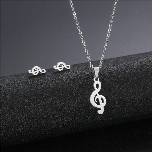 Music Stainless Steel Necklace & Studs | Silver