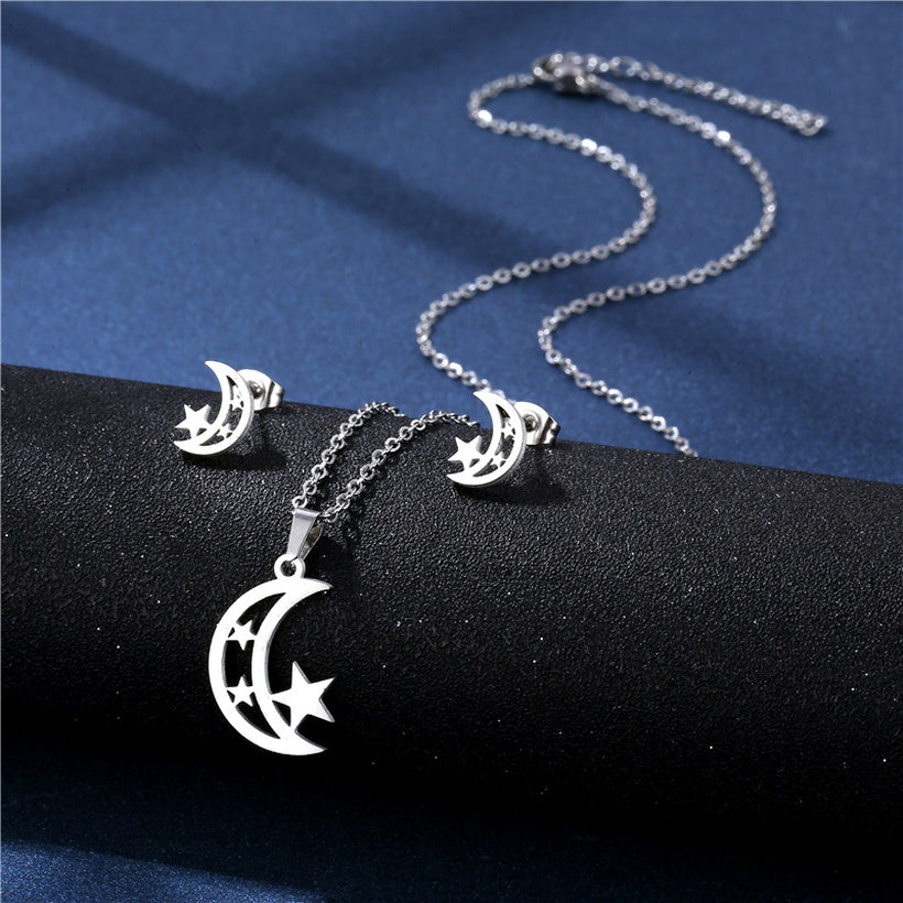 Pakistan Moon Star Stainless Steel Necklace & Studs | Silver