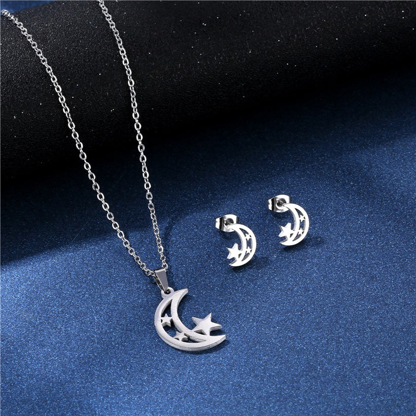 Pakistan Moon Star Stainless Steel Necklace & Studs | Silver