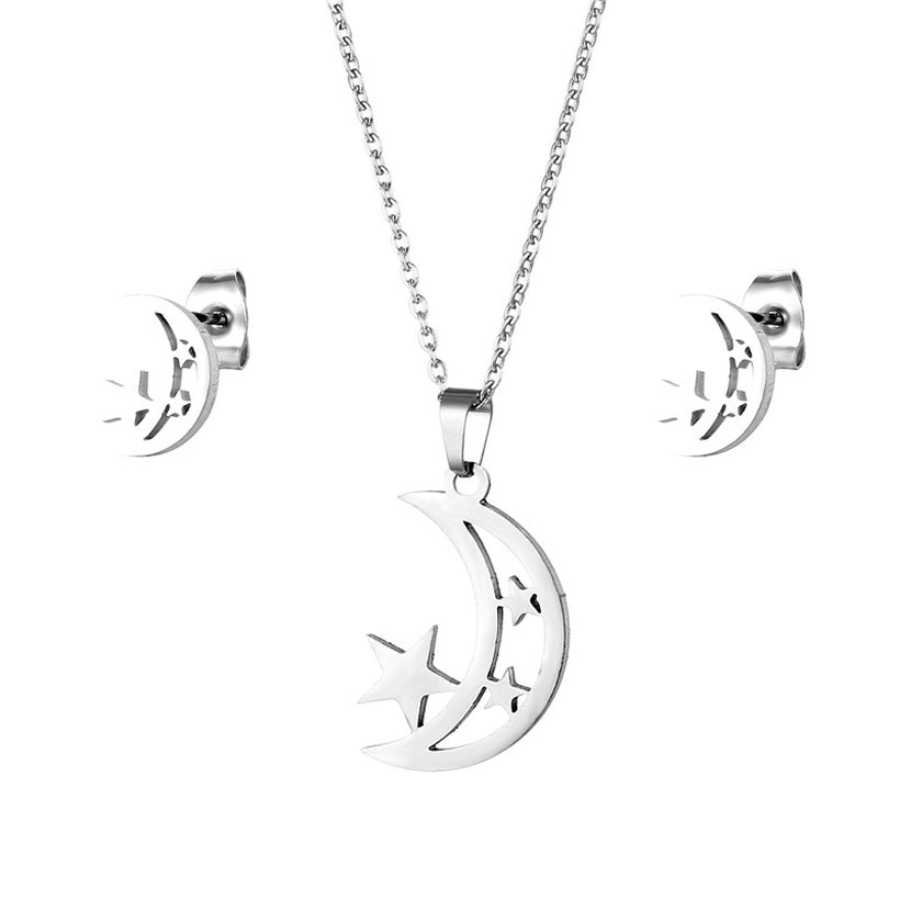 Pakistan Moon Star Stainless Steel Necklace & Studs | Silver