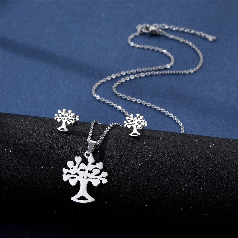 Tree Of Life Stainless Steel Necklace & Studs | Silver