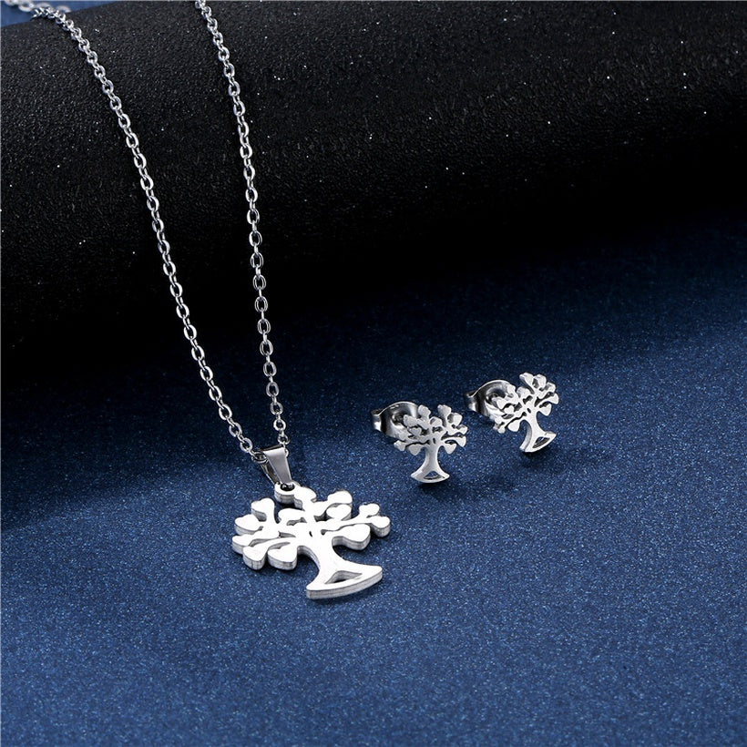 Tree Of Life Stainless Steel Necklace & Studs | Silver