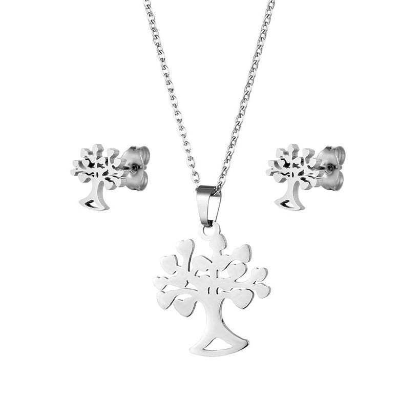 Tree Of Life Stainless Steel Necklace & Studs | Silver