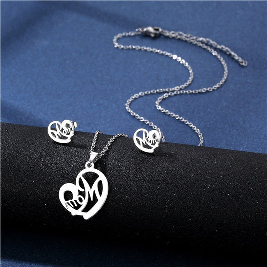 Mom Stainless Steel Necklace & Studs | Silver