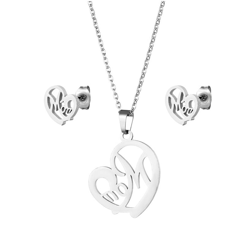 Mom Stainless Steel Necklace & Studs | Silver