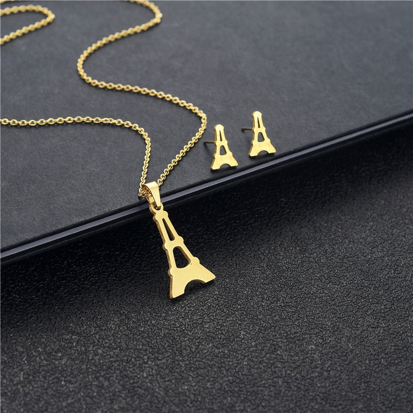 Eiffel Tower Stainless Steel Necklace & Studs | Gold