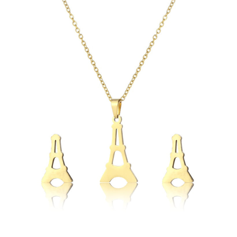 Eiffel Tower Stainless Steel Necklace & Studs | Gold