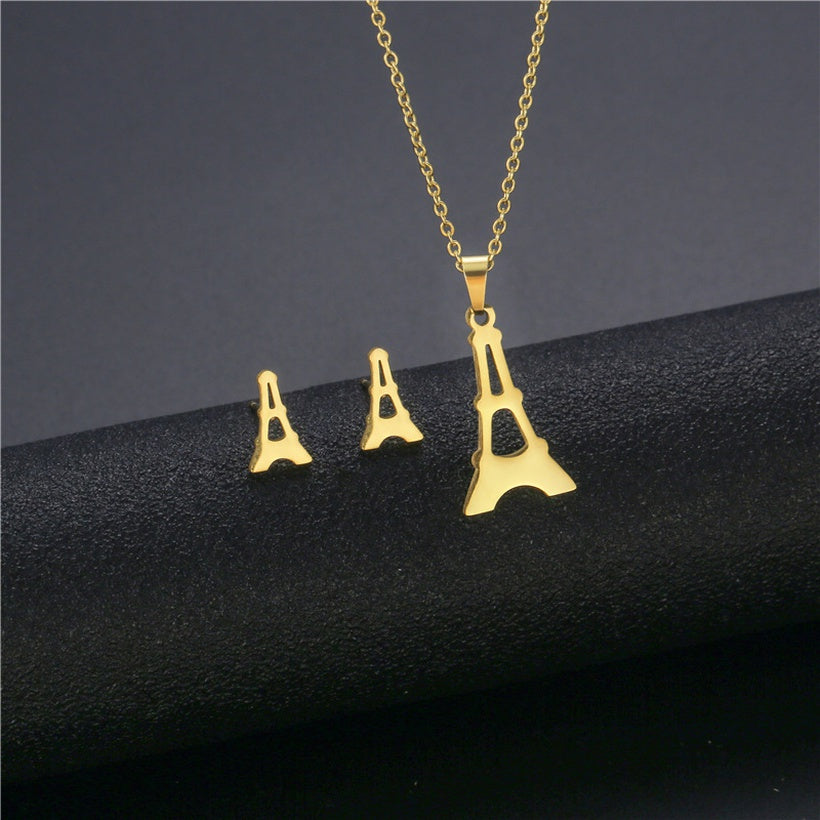 Eiffel Tower Stainless Steel Necklace & Studs | Gold