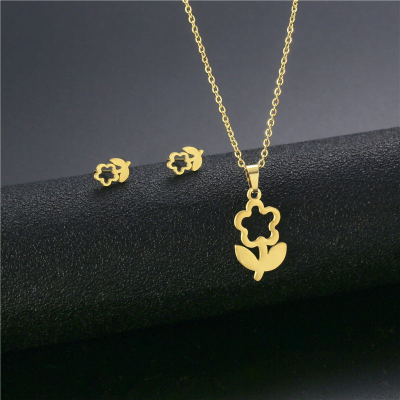 Flower Stainless Steel Necklace & Studs | Gold