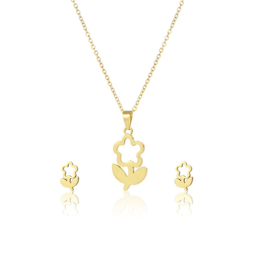 Flower Stainless Steel Necklace & Studs | Gold