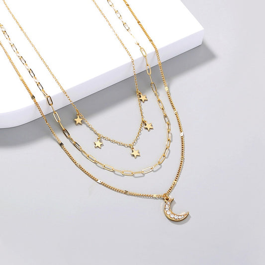 Star & Moon Multilayer Diamond Necklace | Gold