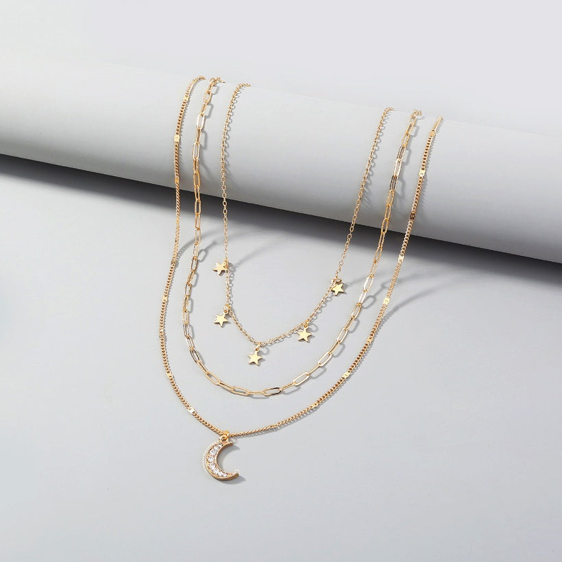 Star & Moon Multilayer Diamond Necklace | Gold