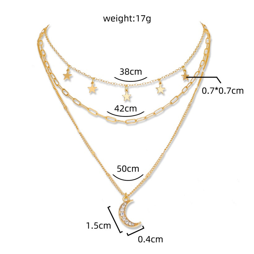 Star & Moon Multilayer Diamond Necklace | Gold