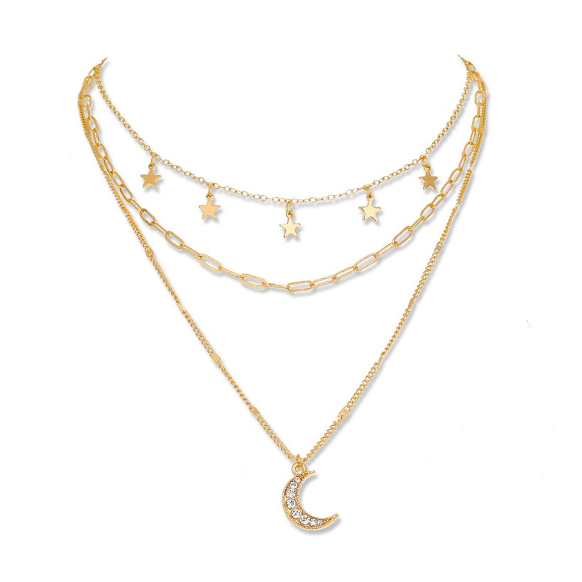 Star & Moon Multilayer Diamond Necklace | Gold