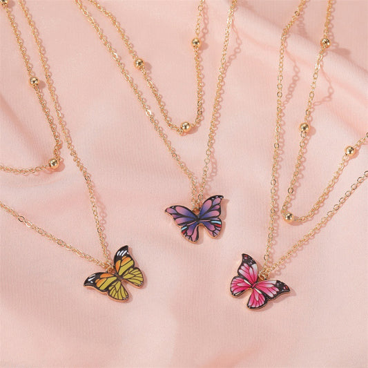 Retro Bead & Butterfly Multilayer Necklace | Gold