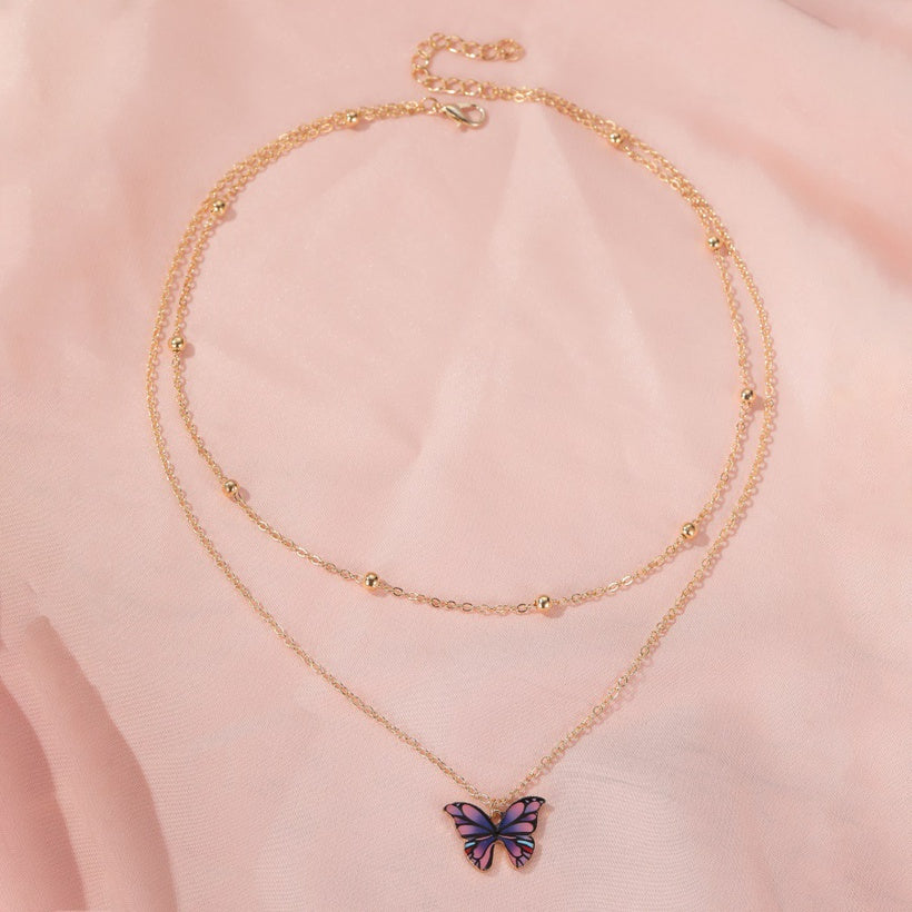 Retro Bead & Butterfly Multilayer Necklace | Gold