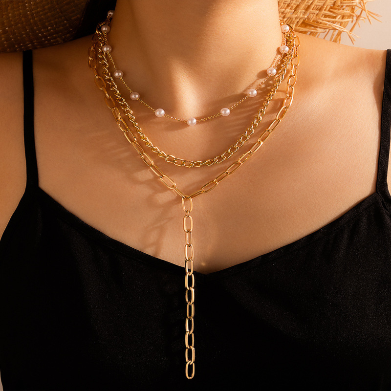 Chain and Pearl Multilayer Necklace