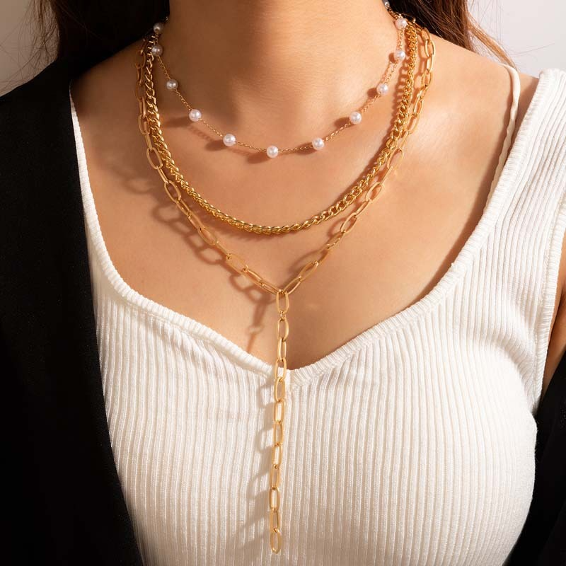 Chain and Pearl Multilayer Necklace